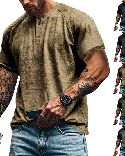 Retro Distressed Henry Collar Short Sleeve Men's T-shirt Heavy Slim Fit Raglan American Style Men's Short Sleeve