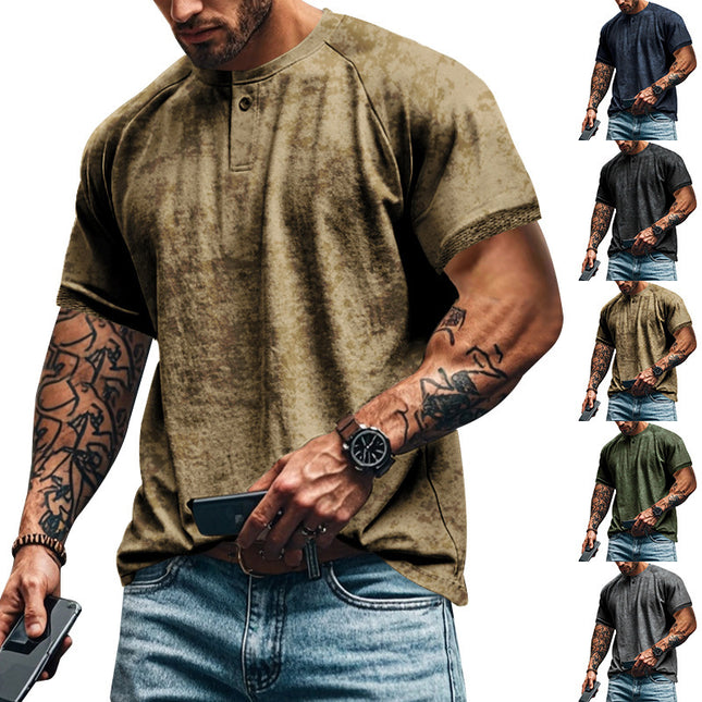Retro Distressed Henry Collar Short Sleeve Men's T-shirt Heavy Slim Fit Raglan American Style Men's Short Sleeve