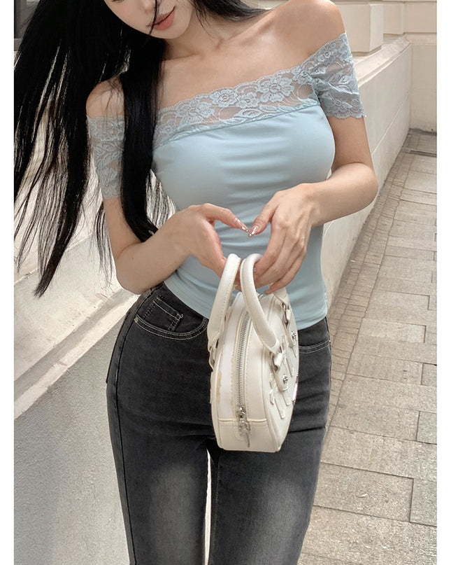 Pure Desire Style Design Lace Stitching Exposed Slim Top