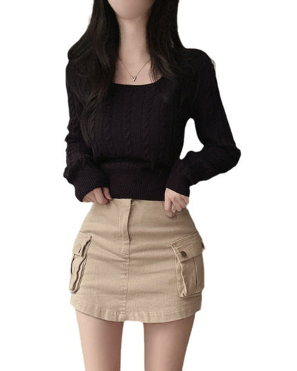 Retro Twist Knitted Sweater Single Row Button Square Collar Solid Color Underwear Top