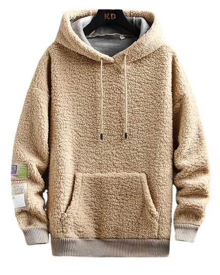 Men's Hooded Drawstring Pocket Lamb Wool Sweatshirt Velvet Padded Thickened Coat