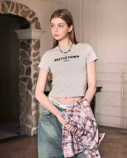 Fuzzy Letter Slim Fit Short T-shirt For Women