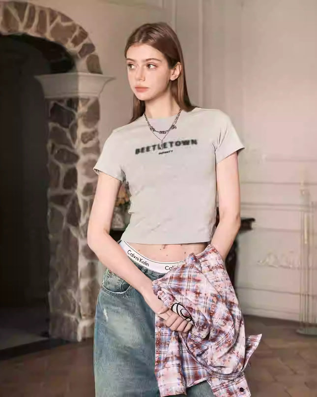 Fuzzy Letter Slim Fit Short T-shirt For Women