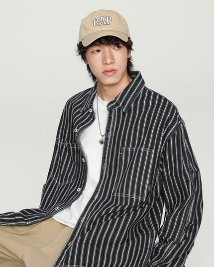 Retro Washed Striped Long Sleeve Denim Shirt