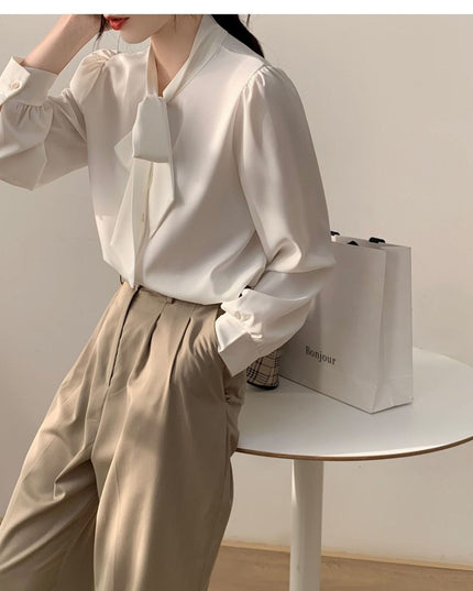 Lace-up Bow Business Wear Solid Color Bottoming Long Sleeve Shirt