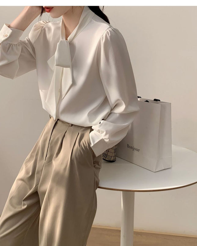 Lace-up Bow Business Wear Solid Color Bottoming Long Sleeve Shirt