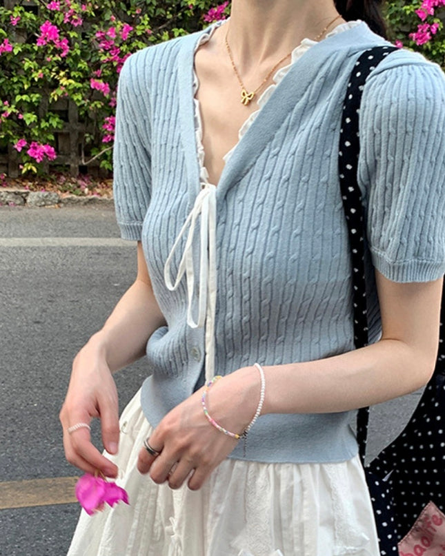 Tied V-neck Ice Silk Short Sleeve Knitwear Women's Short Top