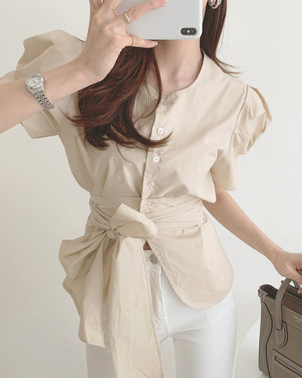 Ladies Temperament Round Neck Single-breasted Tie-waist Top