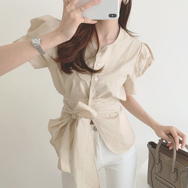 Ladies Temperament Round Neck Single-breasted Tie-waist Top