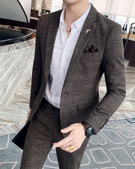 Men's Casual Suit Fashion Plaid Two-piece Set