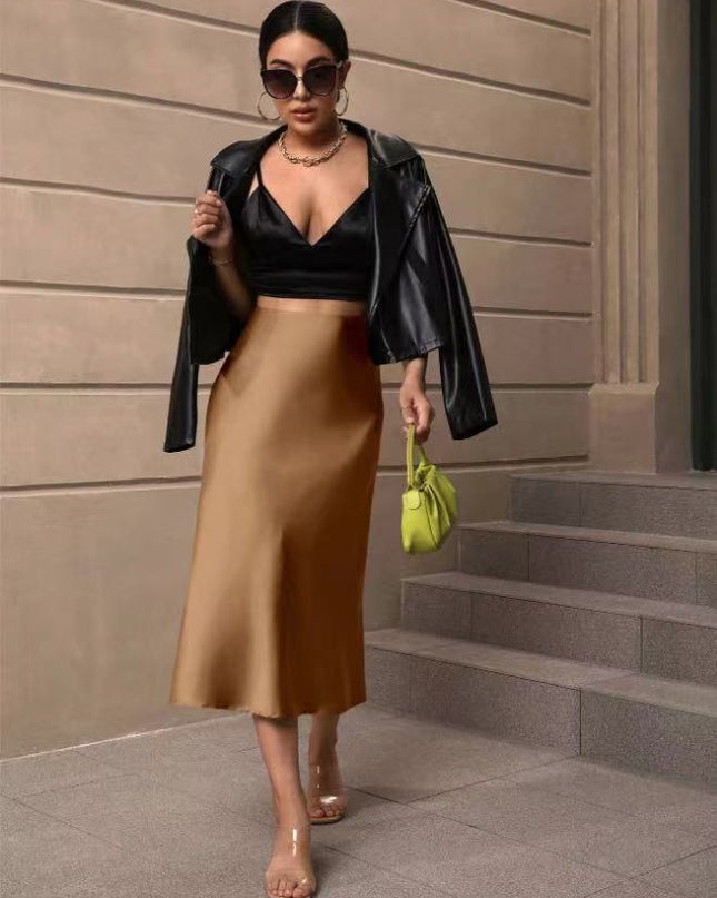 European And American Elegant Style A- Line Satin Skirt