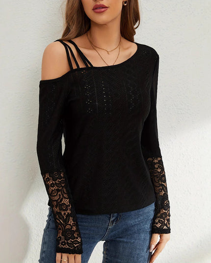 European And American Asymmetric Cross Off-shoulder Design Lace Stitching Coat