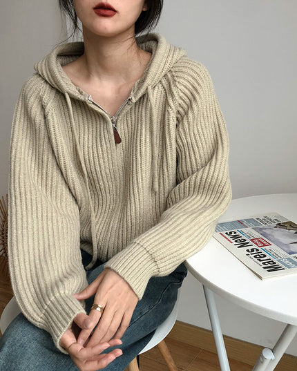 Korean Simple Short Hood Cardigan Wool Sunken Stripe