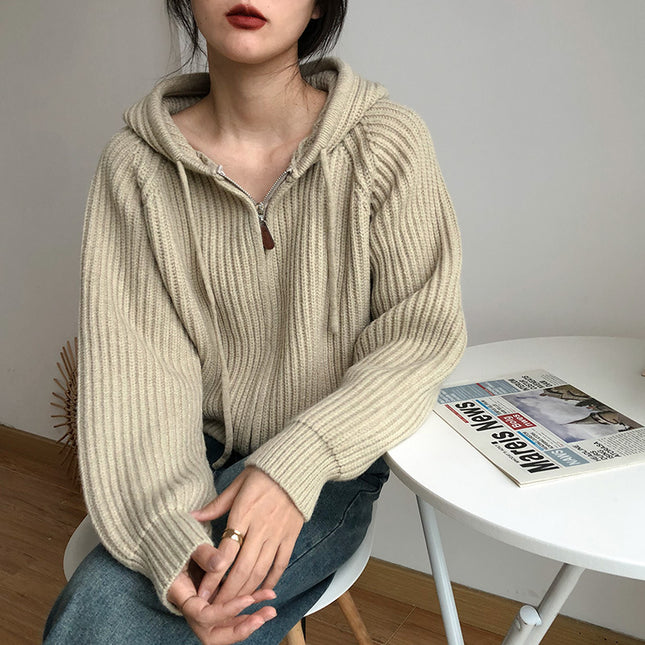 Korean Simple Short Hood Cardigan Wool Sunken Stripe