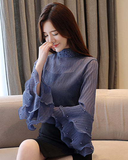 Stand collar beaded chiffon shirt