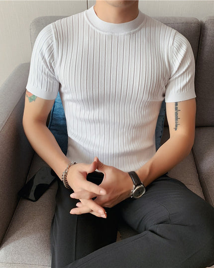 Thin Solid Color Half Turtleneck Dark Stripe Knit Short Sleeves