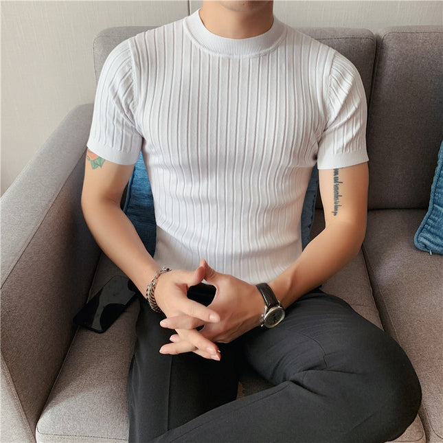 Thin Solid Color Half Turtleneck Dark Stripe Knit Short Sleeves