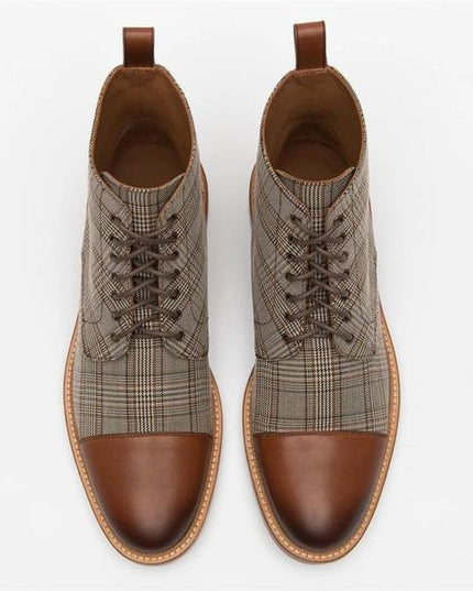 Lace-up Low-Top Men's Boots With Checkered Fabric