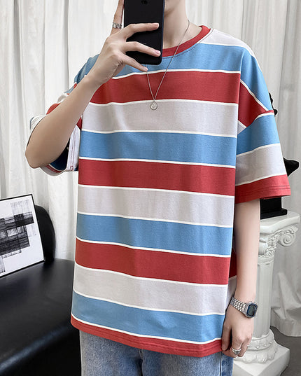 Striped Short-sleeved T-shirt Boys Hong Kong Style Couple Half-sleeved Ins Bottoming Shirt