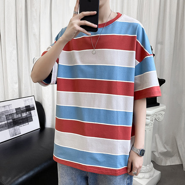 Striped Short-sleeved T-shirt Boys Hong Kong Style Couple Half-sleeved Ins Bottoming Shirt