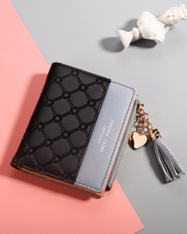 Contrast embossed zipper handbags tassels high-grade soft leather wallet simple coin purse