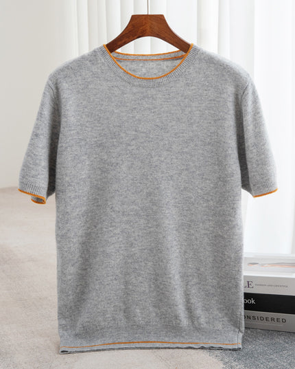 Pure Wool Half Sleeve Men's Color-block Crew Neck Knitted Short Sleeve