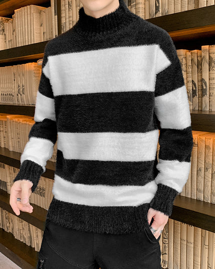 Half High Collar Pullover Striped T-Shirt