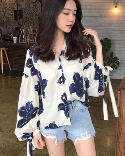 Hong Kong-Style Retro Lantern Sleeve Floral Chiffon Shirt