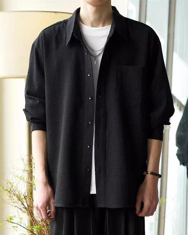 Waffle Polo Collar Jacket Casual Loose Men's Shirt
