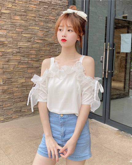 Puff sleeve one-shoulder short sleeve shirt