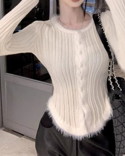 Women's Square Collar Stitching Edging Knitted Cardigan Autumn Winter Coat