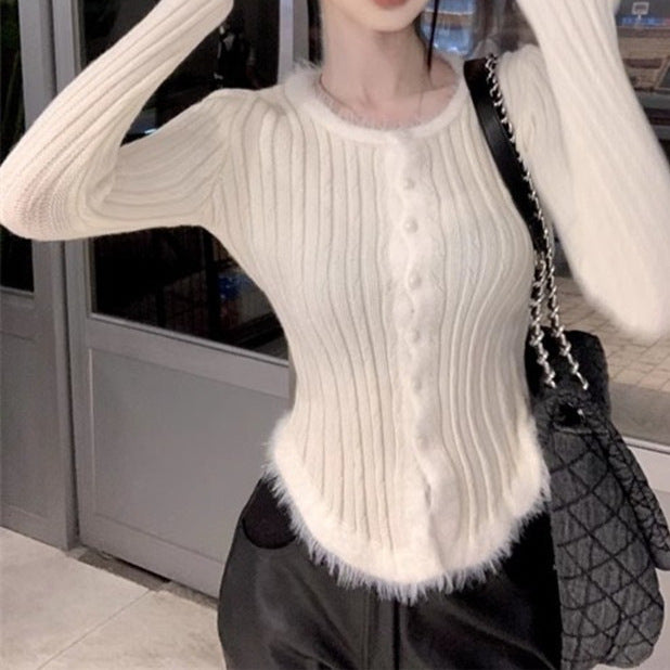 Women's Square Collar Stitching Edging Knitted Cardigan Autumn Winter Coat