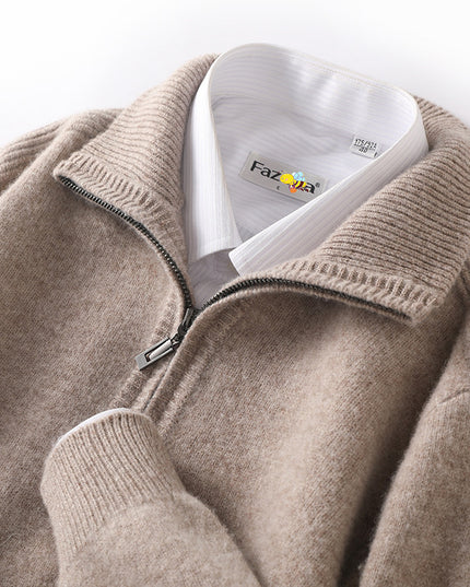 Double-strand Thickened 100 Pure Wool Knit Men's Pullover Lapel Zip-up Shirt