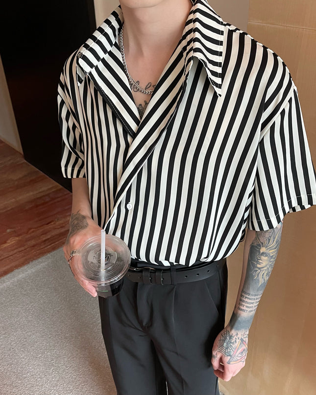 Men's Slanted Placket Striped Lapel Shirt