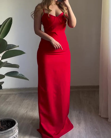 Red Sexy Back Slit Suspender Maxi Dress