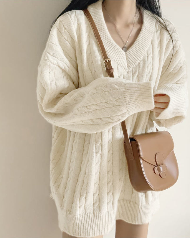V-neck Mid-length Sweater Thick Long-sleeved Knitted Top