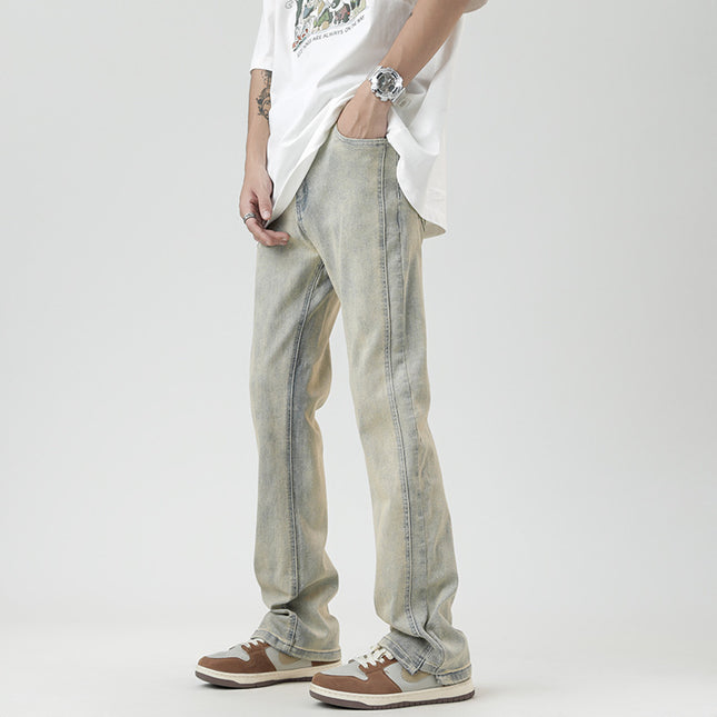 Men’s American-Style Heavy Washed Yellow Jeans | Straight-Leg Cotton Mid-Waist