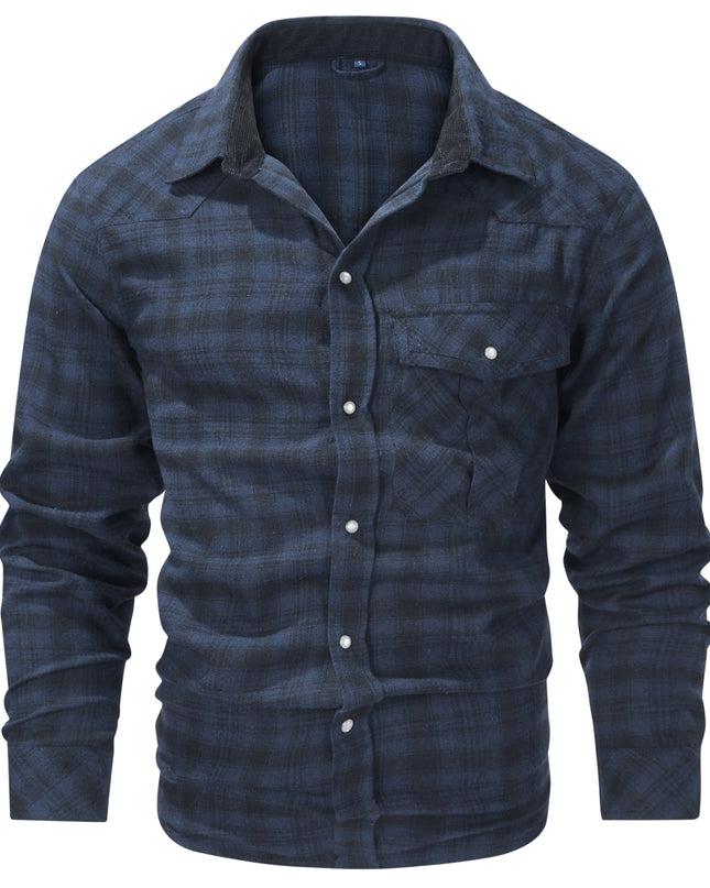 Flannel European And American Retro Pearl Buckle Western Style Long Sleeve Shirt