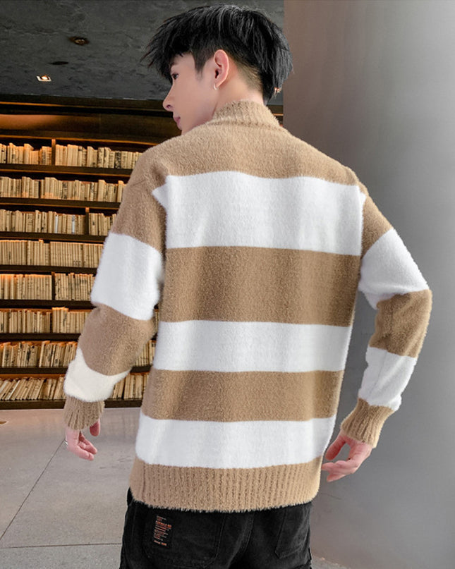Half High Collar Pullover Striped T-Shirt