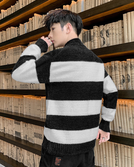 Half High Collar Pullover Striped T-Shirt