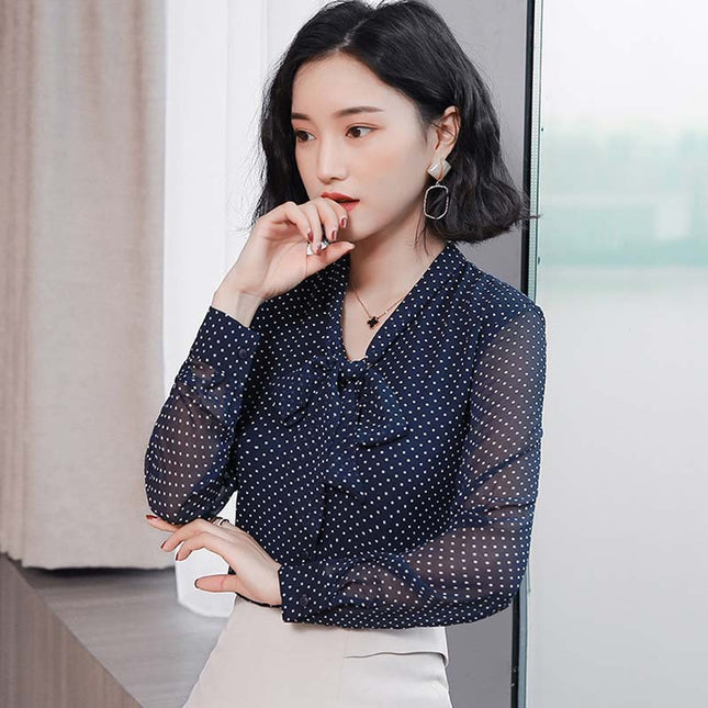 Women's Long Sleeve Shirt With Stand-up Collar Bow
