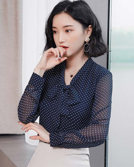 Women's Long Sleeve Shirt With Stand-up Collar Bow