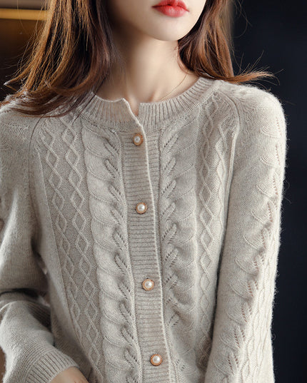 Round Neck Pure Wool Knit Cardigan Women's Long Sleeve Casual Simple