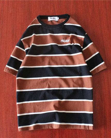 Striped colorblock embroidered letter T-shirt