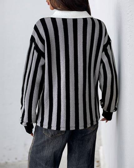 Autumn And Winter Unisex Style Vertical Stripes Lapel Knitted Pullover Sweater Women