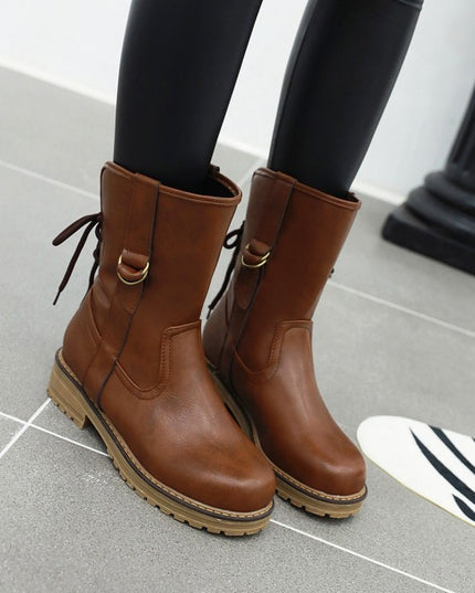 Lace-up round toe low-heel square heel boots