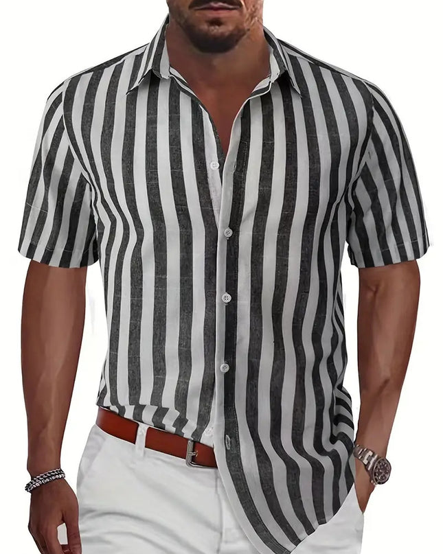 Summer European And American Men's Beach Casual Sports Yarn-dyed Striped Short-sleeved Lapel Shirt