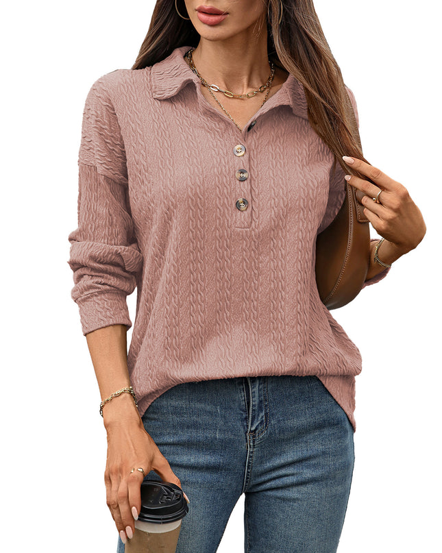 Solid Color Polo Collar Button Loose Long Sleeve Sweatershirt