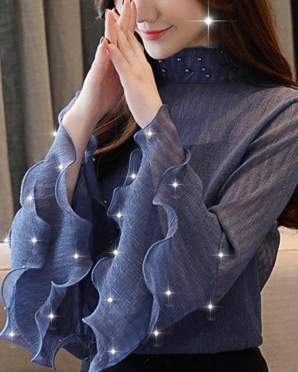 Stand collar beaded chiffon shirt