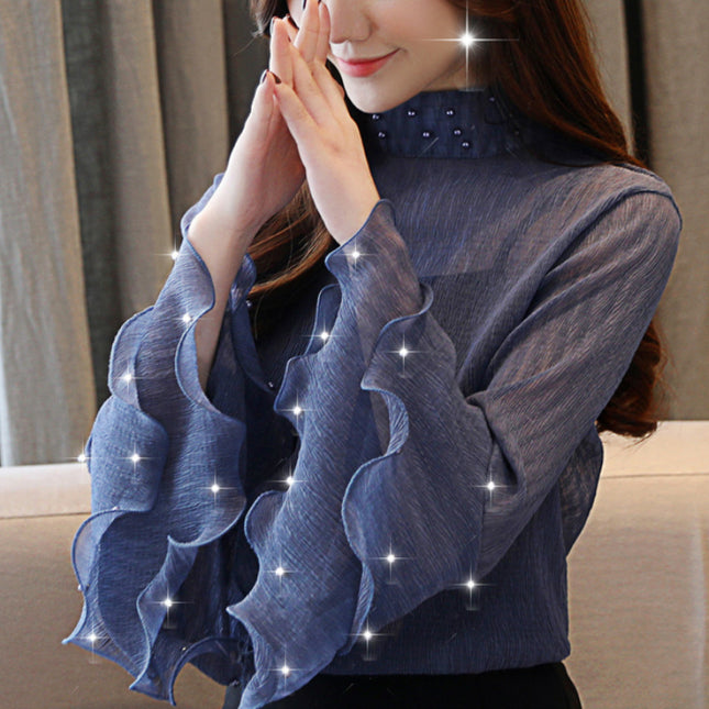 Stand collar beaded chiffon shirt